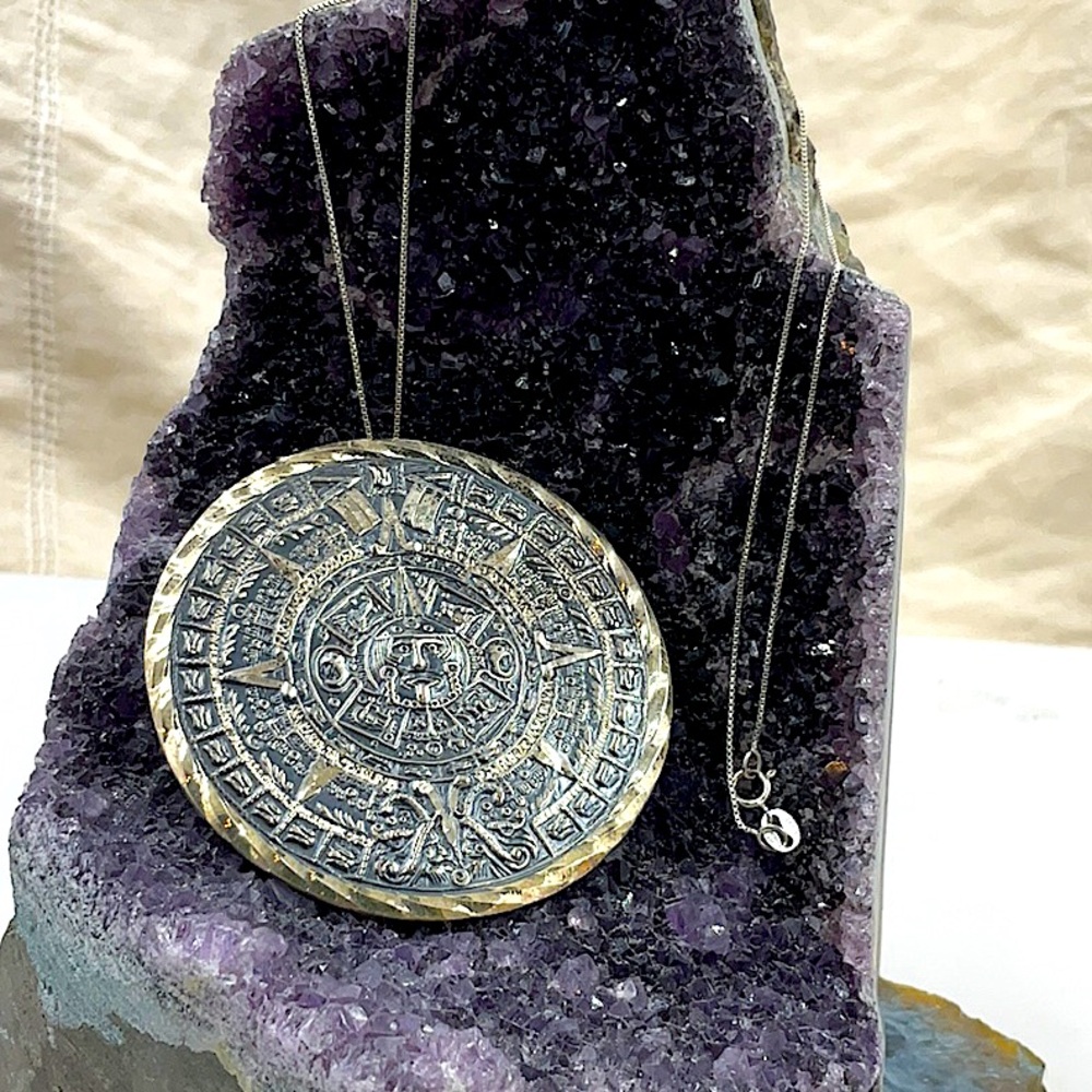 Vtg.17” Sterling Silver Necklace With Signed Sterling Silver 925 Mayan Sun God - Picture 2 of 8